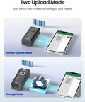 Pocket Clip On 2D Bluetooth Barcode Scanner With 2000mAh Battery And Level Indicator showing instant and storage upload modes.