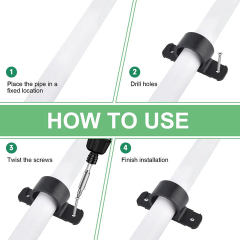 Front view of Tavonuxt 50-pack 1/2-inch pipe support clamps in black plastic mounted on white pipes.