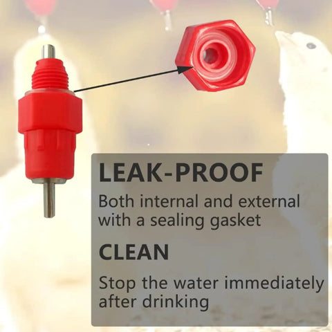 Game Dropping Drip Free Chicken Water Nipples 100 Pack Automatic Poultry Drinkers showing a red leak-proof nipple with a sealing gasket.