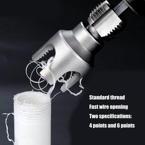 Heavy Duty Pipe Threading Tool Kit For 1/2 And 3/4 Inch Pipes Internal And External Rethreading Electric Drill Compatible Pro Grade Carbon Steel Repair Tool For Accurate Thread Restoration shown with threading attachment.