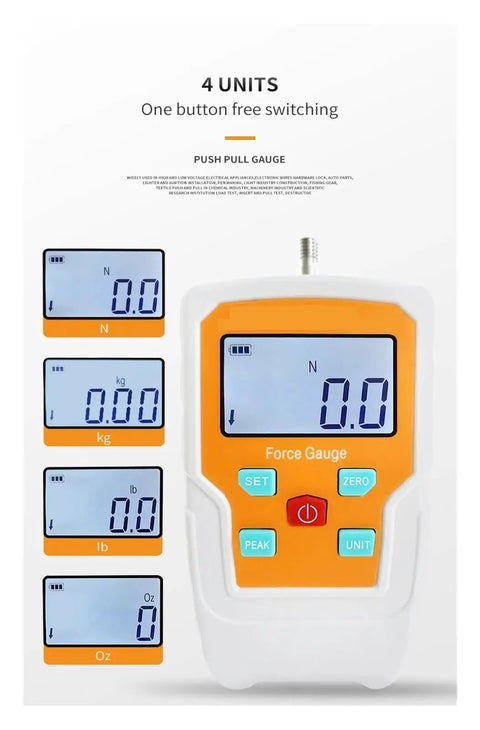 Top Notch Accuracy Push Pull Dynamometer Tester Portable Force Meter With Real Time Peak And First Peak Modes Supports Newton Kilogram Pound And Ounce Units Plus Adjustable Acceleration For Precise Force Testing displayed with 4 unit screens