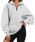 Oversized Womens Hoodie Sweatshirt Quarter Zip Pullover For Fall And Winter With Soft Fleece Lining Long Sleeve Grey cozy casual wear.