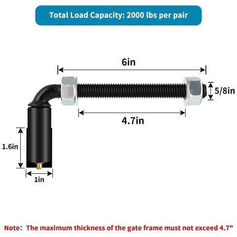 Skelang 5/8 in J-bolt gate hinge; heavy-duty adjustable barrel hinge; 6 in bolt length, 5/8 in diameter, 2000 lbs per pair