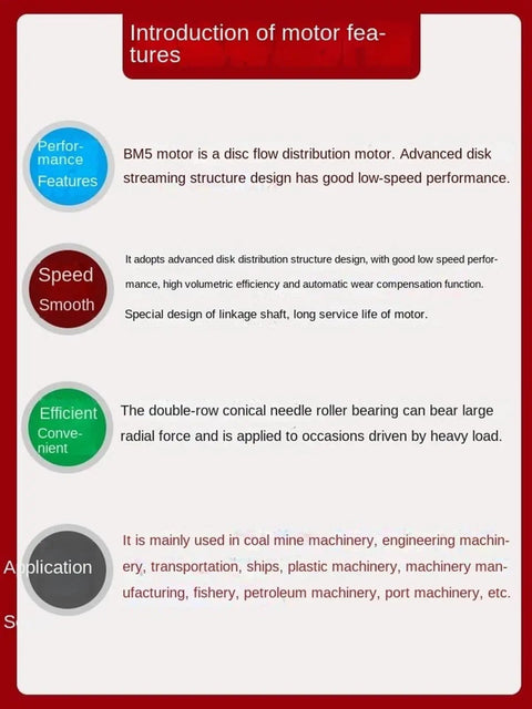 Introduction of motor features for Heavy Duty Hydraulic Oil Motor With Four Hole Mount BM5 Series, highlighting performance and applications.