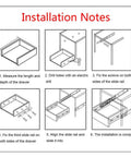Installation notes for assembling a drawer with step-by-step instructions and illustrations for measuring, drilling, and fixing screws.