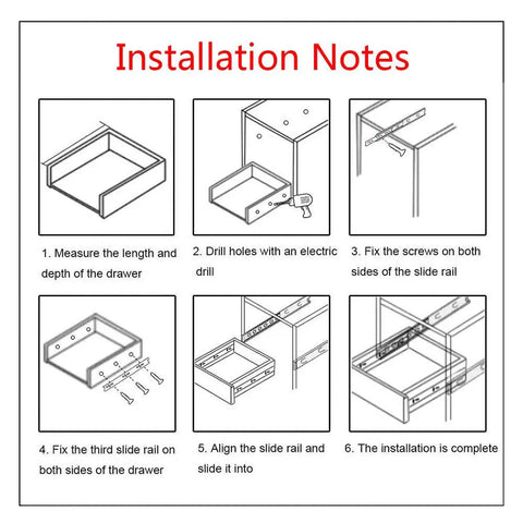 Installation notes for assembling a drawer with step-by-step instructions and illustrations for measuring, drilling, and fixing screws.