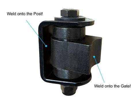 Beefy Built Heavy Duty Industrial Gate Hinges For Swing Gates Weld On To Large Iron Or Steel Vehicular Gates Up To 1100 Pounds Per Pair With Silent Operation And High Temperature Sealed Bearings Maintenance Free, black weld-on hinge