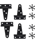 Four Pack Badass Heavy Duty T Strap Hinges Built Tough From Rustproof Wrought Iron With Classic Black Finish, includes screws.