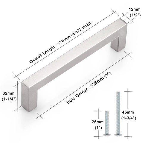 Square Kitchen Cabinet Handles Brushed Nickel Stainless Steel Euro Bar Pulls with size dimensions and screws included