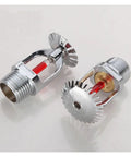 Heavy Duty Copper Fire Sprinkler Head 5 Pack Kit For Emergency Suppression Systems 68 Degree Activation R Half Inch Thread Up Pattern close-up view of chrome sprinkler heads