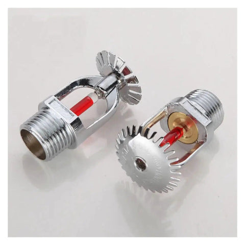 Heavy Duty Copper Fire Sprinkler Head 5 Pack Kit For Emergency Suppression Systems 68 Degree Activation R Half Inch Thread Up Pattern close-up view of chrome sprinkler heads