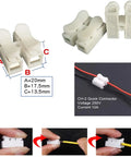 White CH-2 quick connector for DIY projects, 250V 10A, dimensions labeled, shown connecting wires.
