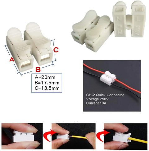 White CH-2 quick connector for DIY projects, 250V 10A, dimensions labeled, shown connecting wires.