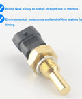 Coolant temperature sensor (ECT) with brass threaded body and black plastic connector, front view