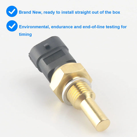 Coolant temperature sensor (ECT) with brass threaded body and black plastic connector, front view