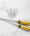 Yellow and black screwdrivers with four metal rods on marble surface