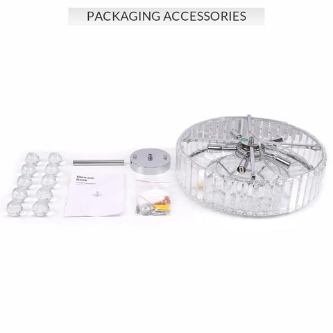 Raindrop Crystal Chandelier With Five Lights packaging: K9 crystal parts, polished chrome frame, and assembly tools.