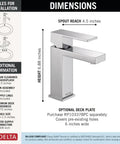 Modern Chrome One Hole Bathroom Faucet With Push Pop Drain For Vanity Sink, dimensions and installation details shown