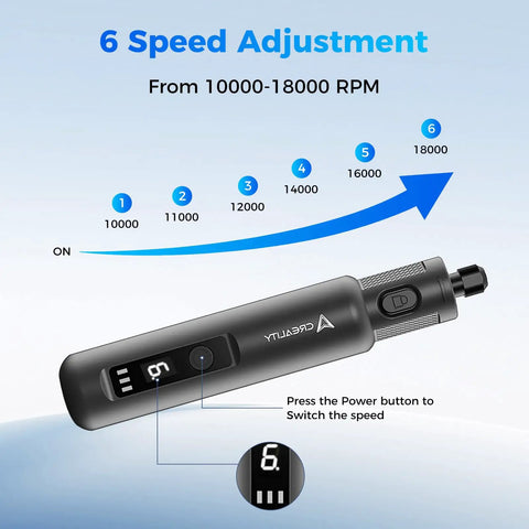 Cordless Rotary Tool Kit With 6 Speed Settings And 24 Accessories For Sanding Polishing Drilling Engraving And DIY Crafts Rechargeable 3.7V Mini Multi Tool For Home Projects And Workshop showing speed adjustment display.