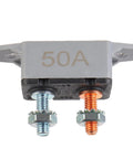 Built Tough 50A Automatic Reset Circuit Breaker Set For Cars Trucks And Battery Chargers With Secure Cover and Mounting Studs, showcasing 50A rating and secure studs.