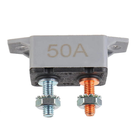 Built Tough 50A Automatic Reset Circuit Breaker Set For Cars Trucks And Battery Chargers With Secure Cover and Mounting Studs, showcasing 50A rating and secure studs.