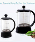 Two French Press Coffee And Tea Makers, 12 oz and 27 oz, with borosilicate glass and stainless steel mesh, side view.