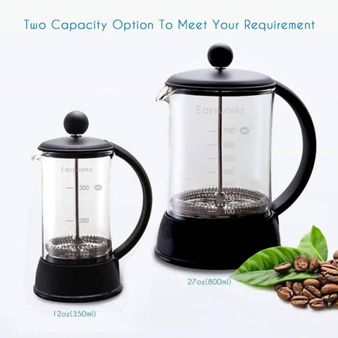 Two French Press Coffee And Tea Makers, 12 oz and 27 oz, with borosilicate glass and stainless steel mesh, side view.