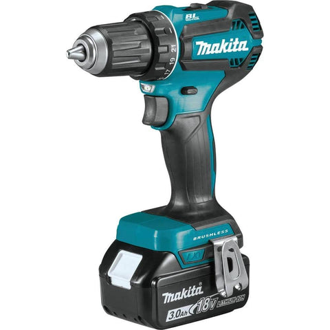 Front view of 18V LXT Brushless Cordless Half Inch Drill Driver Kit With 3.0Ah Battery, Variable Speed, Two Speed Transmission 0-500 And 0-1900 RPM, Delivers 440 Inch Pounds Max Torque, Your Go To Tool For Drilling And Fastening
