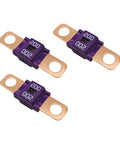 Rugged 3 Pack Ami Midi Fuse 200 Amp Bolt On Terminal Universal For Trucks Tractors Golf Carts And Daily Rigs Built Tough With Heat Resistant Insulators For Zero Drama Electrical Work, showing three fuses with gold contacts.