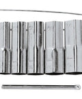 Shower Valve Wrench Set Five-Piece With Long Reach Double-End Hex Wrenches Bar Handle And Storage Carrier shown in silver metal.