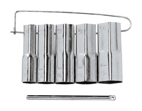 Shower Valve Wrench Set Five-Piece With Long Reach Double-End Hex Wrenches Bar Handle And Storage Carrier shown in silver metal.