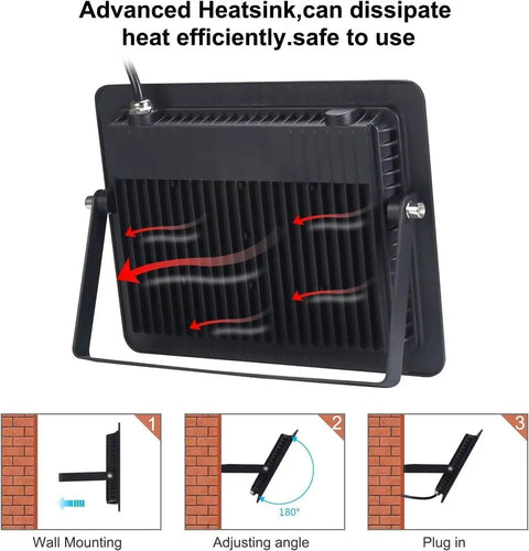 Back view of 200W LED Black Light Flood Lights Outdoor With 6ft Cord, showing advanced heatsink and mounting instructions