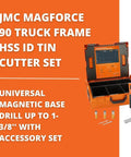 Compact Magnetic Base Drill With A Kickass 1100 Watt Motor For Heavy Duty Metal Work Runs Butter Smooth In Tight Spots Variable Speed 130 To 520 Rpm Locks Down Dead Nuts On Steel Includes Pro Grade Hss Cutter Set with HSS ID tin cutter set displayed.