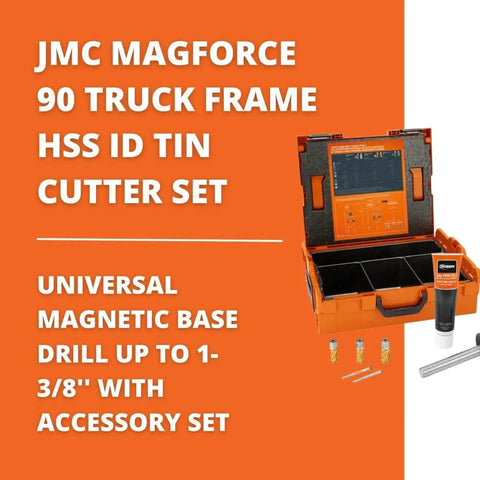 Compact Magnetic Base Drill With A Kickass 1100 Watt Motor For Heavy Duty Metal Work Runs Butter Smooth In Tight Spots Variable Speed 130 To 520 Rpm Locks Down Dead Nuts On Steel Includes Pro Grade Hss Cutter Set with HSS ID tin cutter set displayed.
