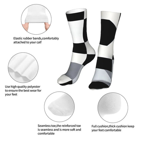 Game Changing Compression Socks For Men And Women Rocking A Dope Black And White Piano Plate Grid Pattern Moisture Wicking Athletic Gear.