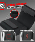 Two Pack USB Rechargeable LED Running Light With Magnetic Clip Water Resistant Four Modes Ultra Bright Night Running Safety Lights showing clip and button details