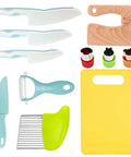 RISICULIS 11-piece kids kitchen knife set with blue plastic knives, cutting boards, peeler, crinkle cutter and sandwich cutter