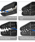Open Barrel Terminal Crimp Tool For AWG 30 14 Contacts steps showing wire stripping and terminal positioning