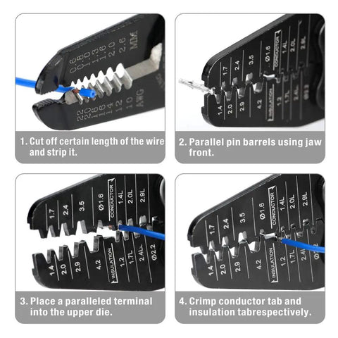 Open Barrel Terminal Crimp Tool For AWG 30 14 Contacts steps showing wire stripping and terminal positioning