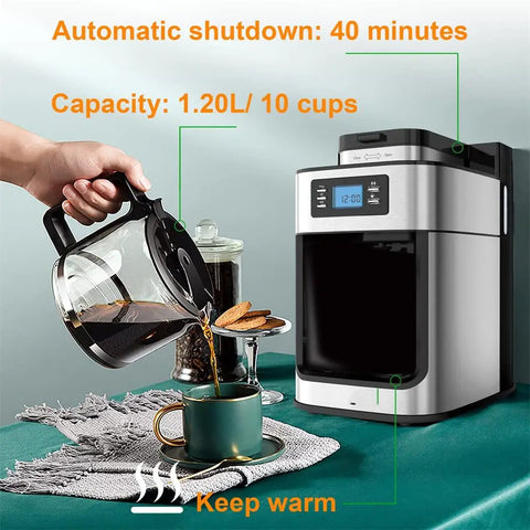 Top Tier Electric Coffee Machine And Automatic Milk Frother For Hella Smooth Cappuccinos With Removable Water Tank and Self Cleaning Drip Tray Plus Custom Strength Controls For Barista Level Shots At Home Daily pouring coffee into a green cup.