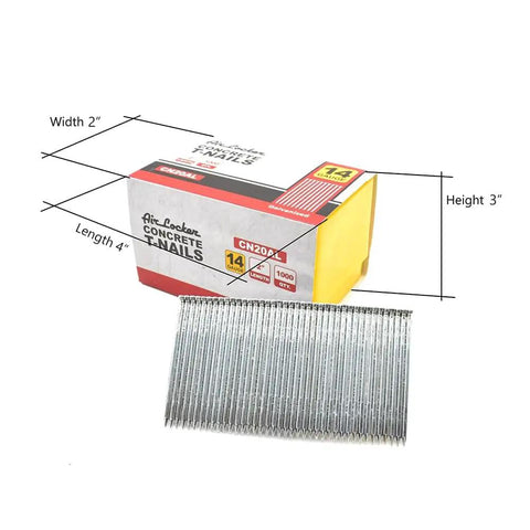 14 Gauge Concrete T Nails 2 Inch Smooth Shank For Concrete Nailers 1000 Pack displayed with packaging dimensions.