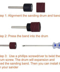186 Piece Sanding Drum Set With 180 Sanding Bands assembly instructions with mandrel and screwdriver, orange text guide.