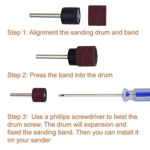186 Piece Sanding Drum Set With 180 Sanding Bands assembly instructions with mandrel and screwdriver, orange text guide.