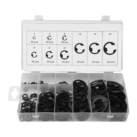 Black Metal E Clip Set For Shafts 3mm To 22mm 300 Piece Assortment Of Retaining Rings With Calibrated Sizes in plastic case