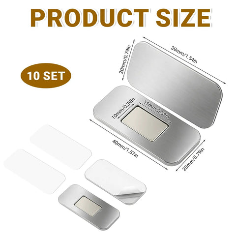 Ultra Slim Magnetic Cabinet Latch Kit 10 Pack Self Adhesive Drawer Magnets with dimensions and stainless steel finish.