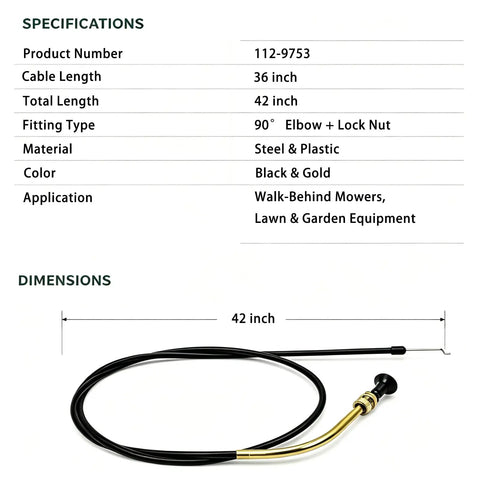 Choke Cable Replacement 36 Inch Length 42 Inch Total For TimeCutter Mower Models 112 9753 The Go To Replacement Fits QSS708GEM QT22KA QT24KA QTE651KA QTE691KA QTE708GEM QTS691KA, black and gold steel-plastic cable