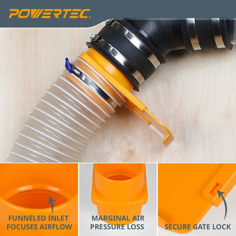 4-Inch Integrated Blast Gate Dust Collection Fitting With Clog-Resistant Anti-Gap Design funnel and secure gate lock