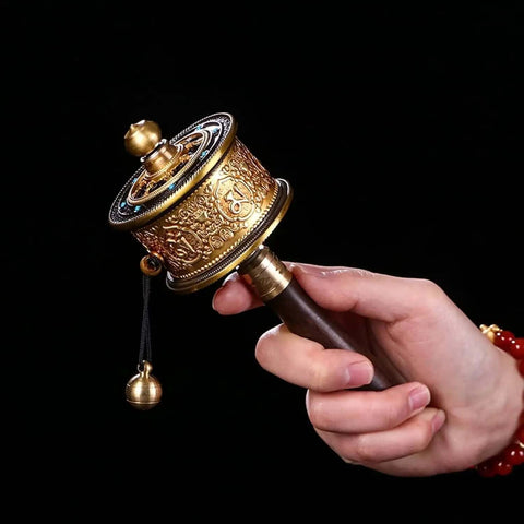 Copper Hand Held Prayer Wheel For Home And Office Decor, Tibetan Buddhist Hand Turn Praying Instrument, artisan detail view