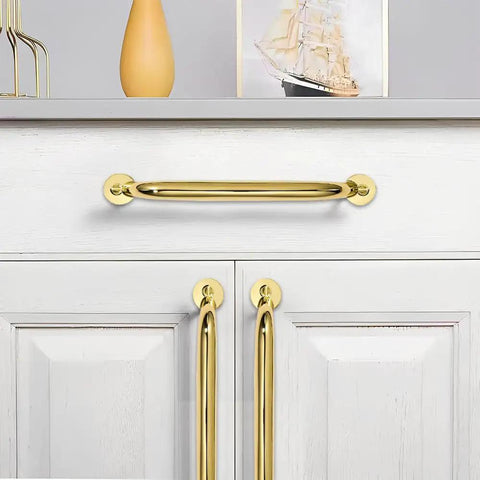 Premium Polished Brass Cabinet Pulls 10 Pack Heavy Duty 8 Inch Hole Center Drawer Handles Zinc Alloy Kitchen Bathroom Hardware with Dang Tough Construction and Killer Shine Transform Any Cabinet Setup Instantly on white cabinet.