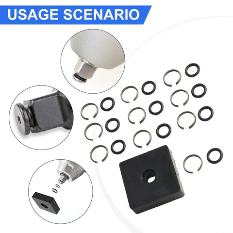 Image showing usage of Ten Piece Half Inch Wrench Retainer Ring Kit With O Rings and anvil install tool for square drive sockets.